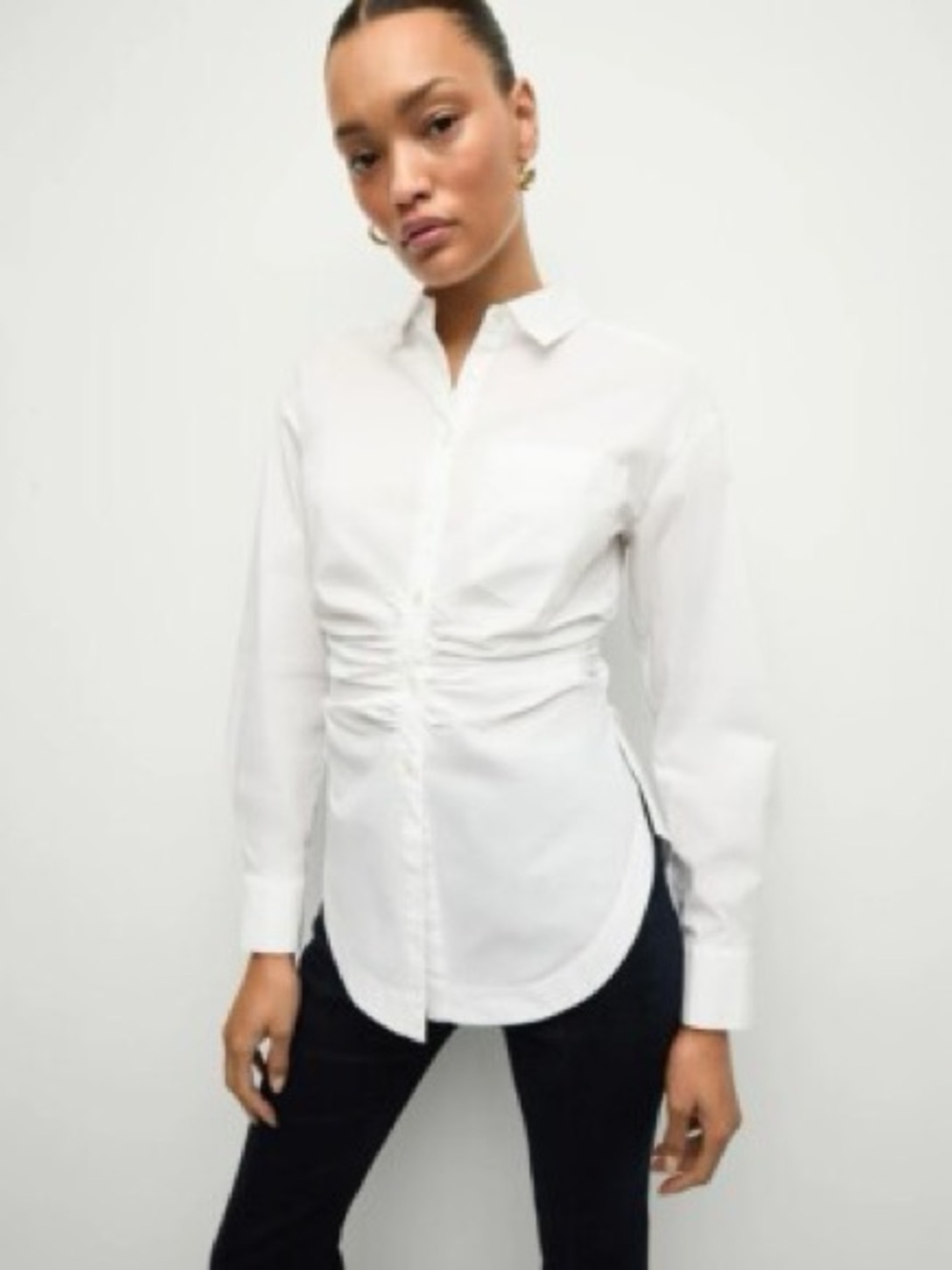 Veronica Beard White Bosco Ruched Button-Down Shirt